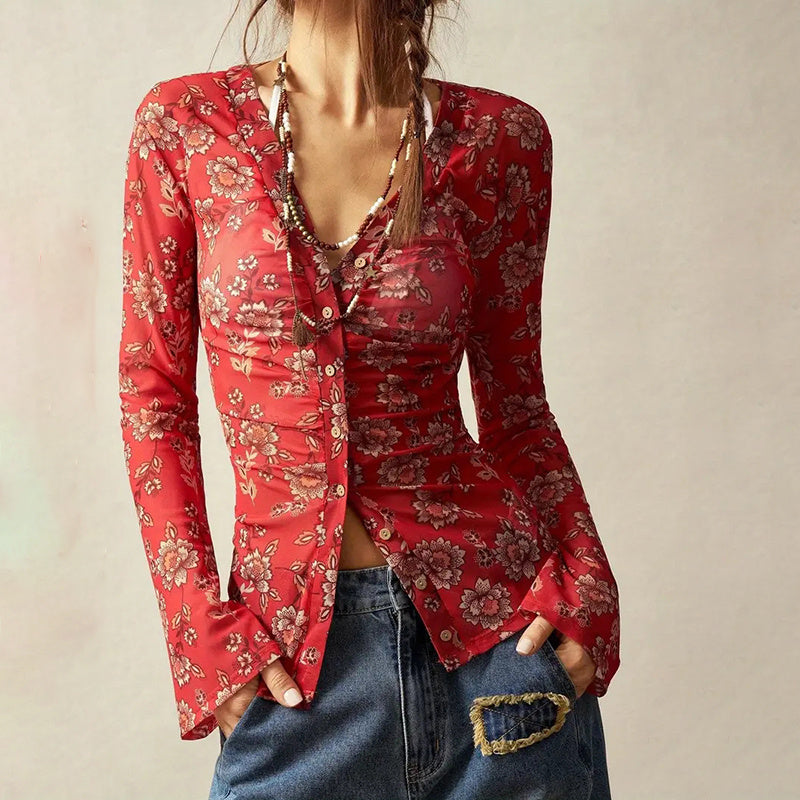 Chemisier boutonné à fleurs, tendance automne 2025, manches longues, col en V, froncé, ajusté - LUXARAH