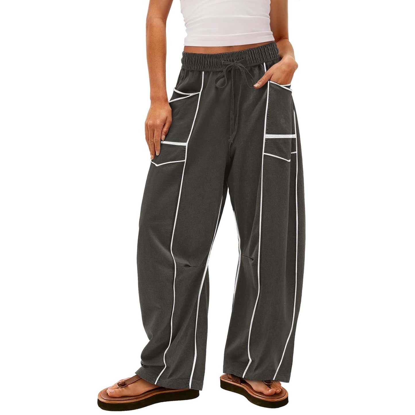 Pantalon large rayé noir Y2K avec poches, pantalon ample à cordon de serrage, pantalon de sport - LUXARAH