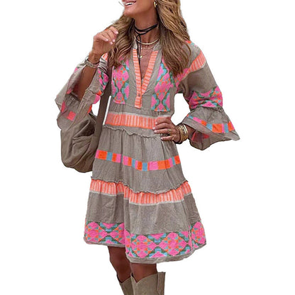 Robe d'été à imprimé tendance, col en V, volants, manches trois-quarts - LUXARAH