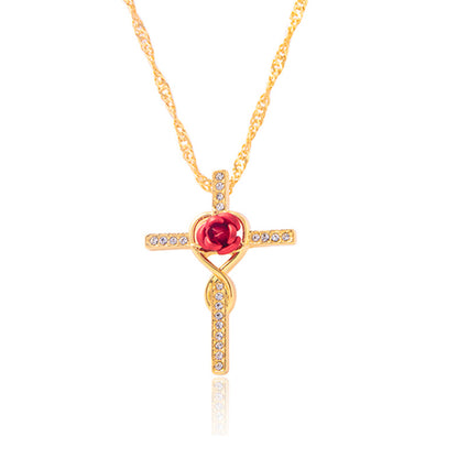 Collar con colgante de cruz de cristal dorado de moda para mujer, joyería religiosa