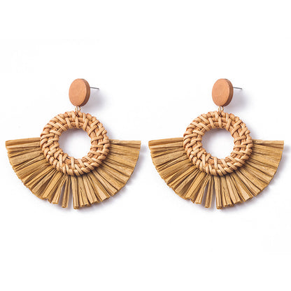 Boucles d'oreilles géométriques en raphia et rotin tissées à la main, style vintage pour femmes - LUXARAH