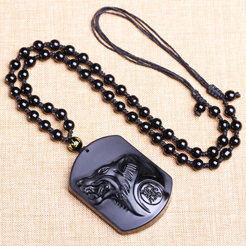 Collier Homme et Femme - Pierre Obsidienne Noire Naturelle - Le Loup - LUXARAH