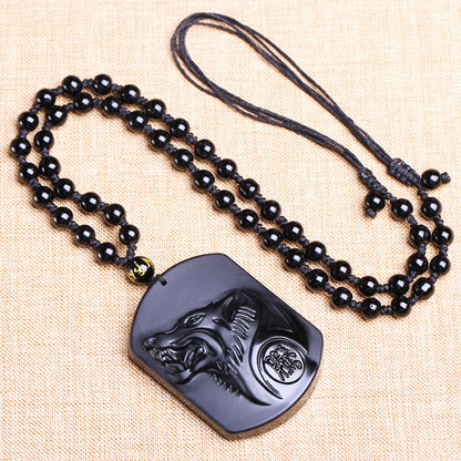 Collier Homme et Femme - Pierre Obsidienne Noire Naturelle - Le Loup - LUXARAH