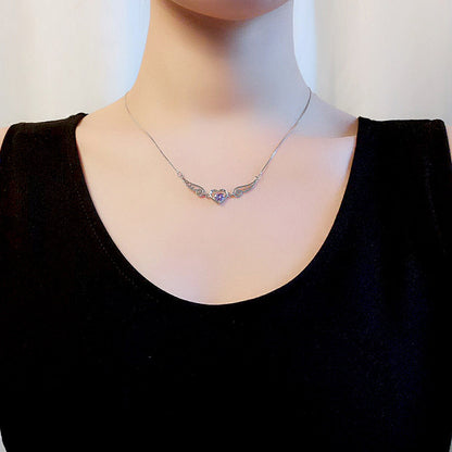 Collier ailes d'ange en argent pur 925, bijoux romantiques en cristal violet, colliers en forme de cœur pour femmes