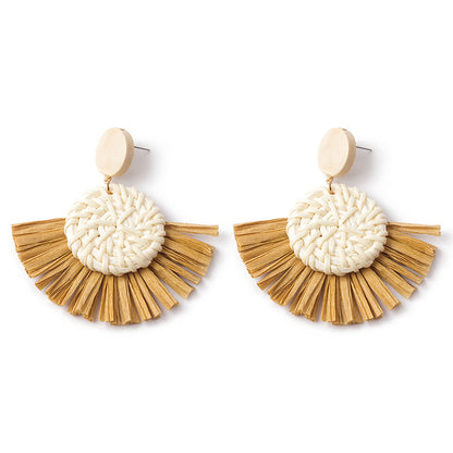 Boucles d'oreilles géométriques en raphia et rotin tissées à la main, style vintage pour femmes - LUXARAH