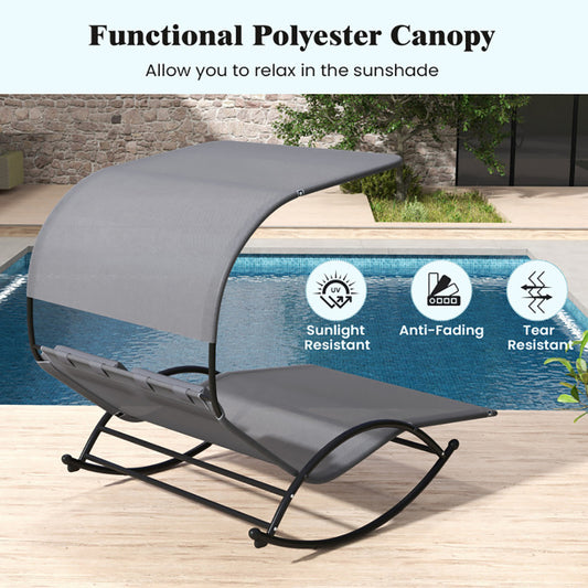 Chaise longue d'extérieur à bascule double pour 2 personnes avec auvent et appuie-têtes amovibles - LUXARAH
