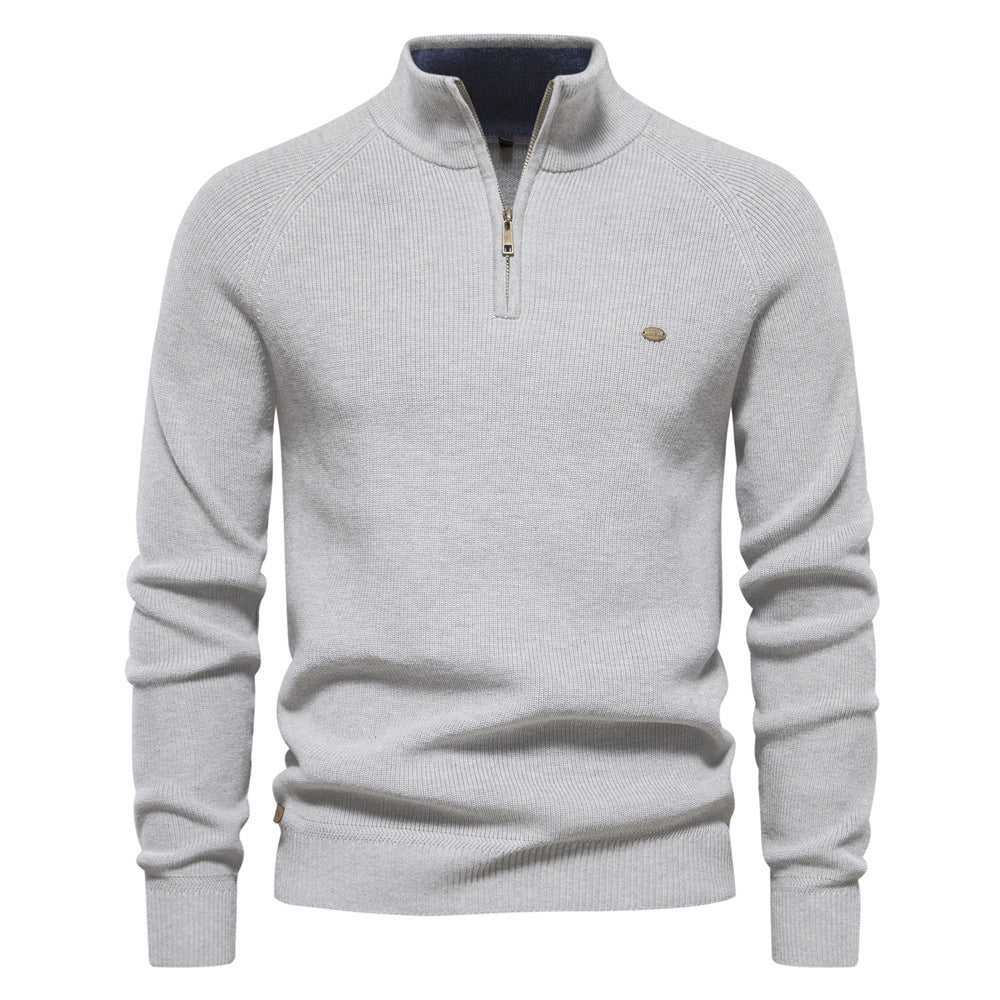 Pull tricoté à col montant et fermeture éclair pour homme, coupe slim, couleur unie, manches longues, demi-col roulé