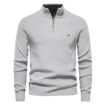 Pull tricoté à col montant et fermeture éclair pour homme, coupe slim, couleur unie, manches longues, demi-col roulé
