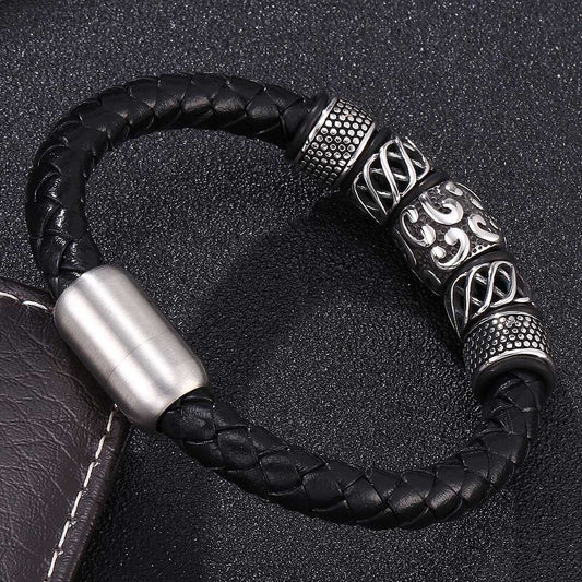 Bracelet en cuir véritable et acier inoxydable tissé
