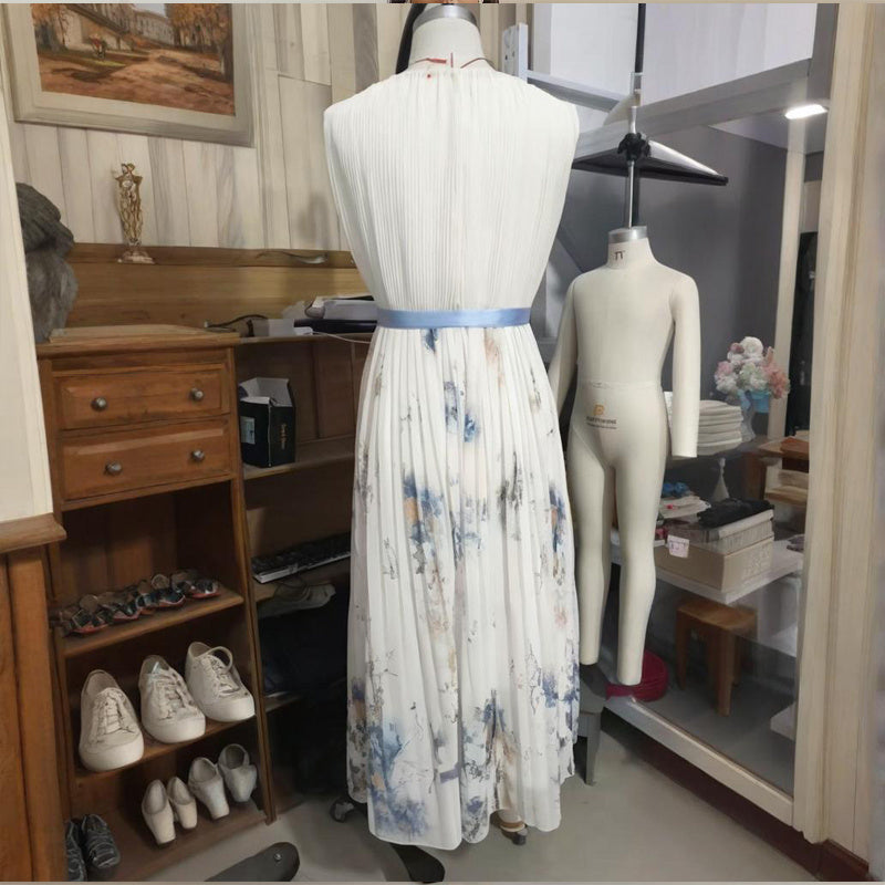 Robe longue sans manches à imprimé floral et col en V profond avec poches - Robe de plage fluide à ourlet volanté - LUXARAH