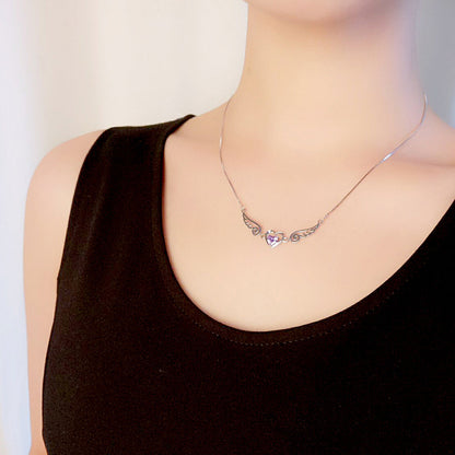 Collier ailes d'ange en argent pur 925, bijoux romantiques en cristal violet, colliers en forme de cœur pour femmes