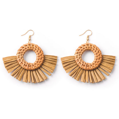 Boucles d'oreilles géométriques en raphia et rotin tissées à la main, style vintage pour femmes - LUXARAH