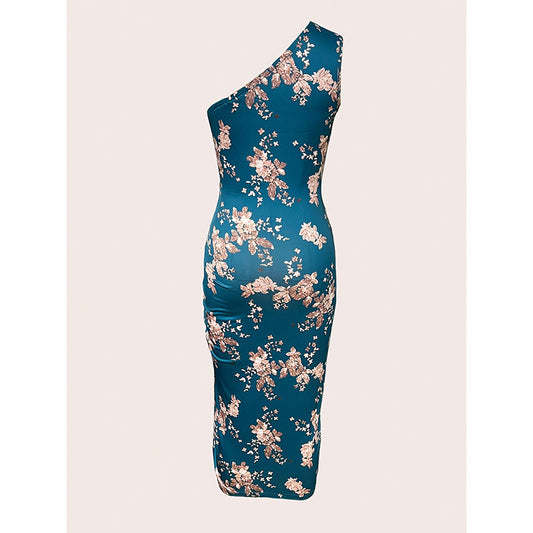 Robe moulante asymétrique, été 2025, froncée, fendue, motif floral, pour la plage, les cocktails, les mariages et les invités - LUXARAH