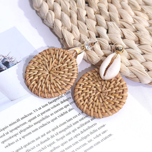 Boucles d'oreilles en rotin tissé à la main, géométriques, européennes et américaines, simples, rondes, rouges, coréennes, bijoux pour femmes. - LUXARAH