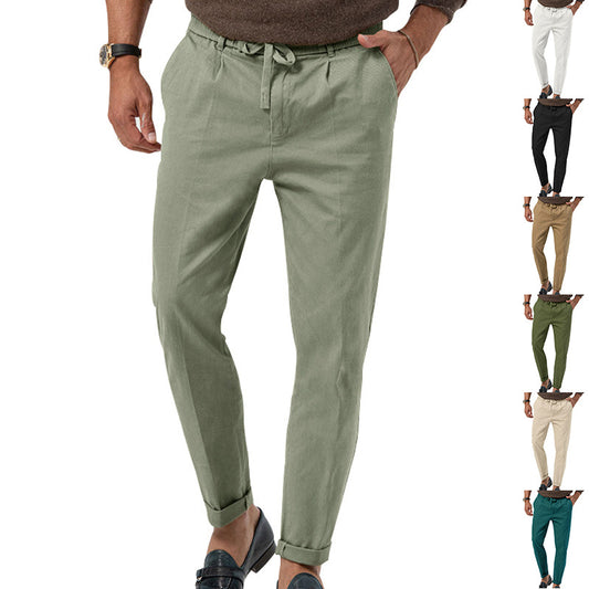 Pantalon décontracté à cordon de serrage pour homme, pantalon de costume droit de couleur unie