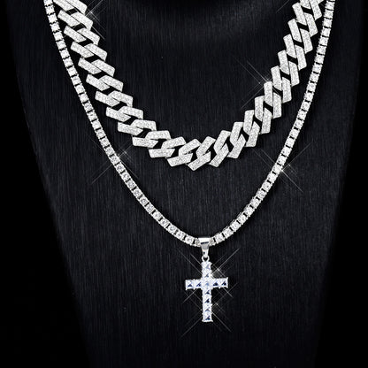 Collar con colgante de cruz de circón estilo hip hop con cadena cubana de Miami y pavé de diamantes de imitación estilo rapero para hombres y mujeres