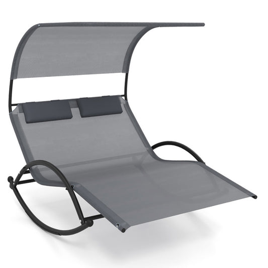Chaise longue d'extérieur à bascule double pour 2 personnes avec auvent et appuie-têtes amovibles - LUXARAH
