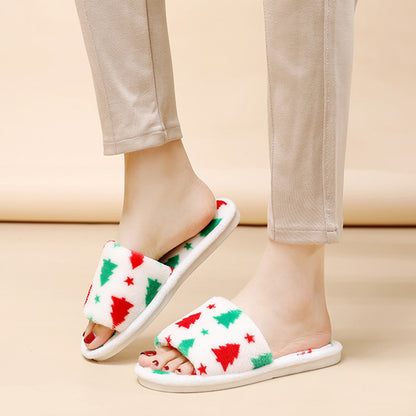 Pantoufles de Noël pour femmes, pantoufles en peluche à bout ouvert, chaussures de maison pelucheuses
