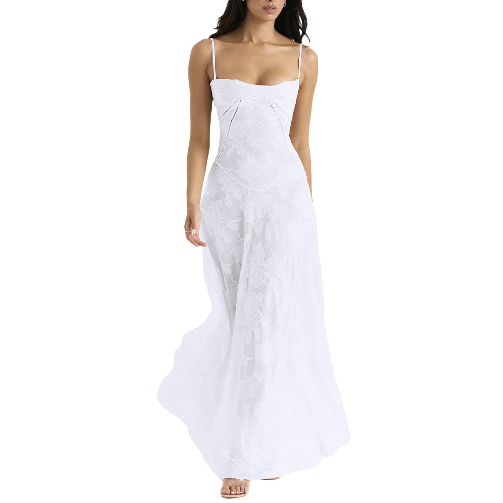Robe longue en dentelle à bretelles tendance, col bustier, élégante, tenue de soirée - LUXARAH