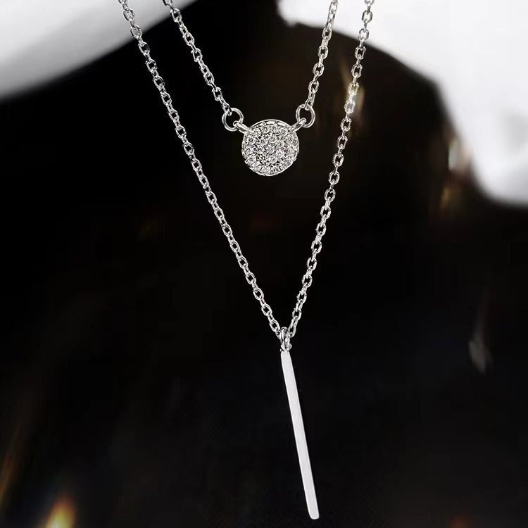Collar de doble cadena de plata S925 con colgante de circonita micropavé redonda para mujer, joyería de moda.