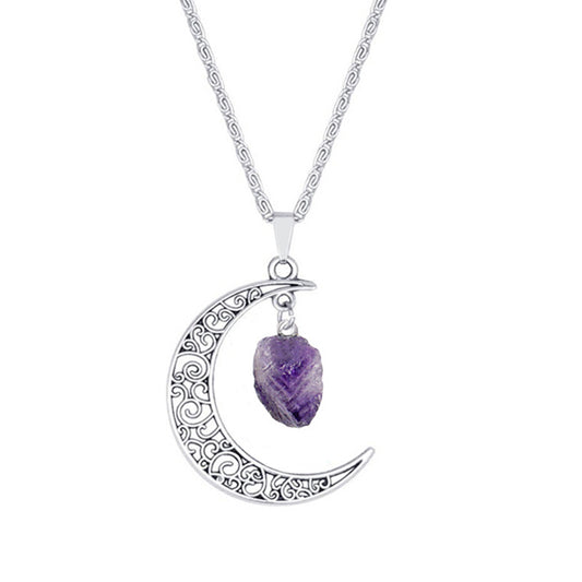 Vintage Purple Natural Stone Moon Pendant Necklaces for Women