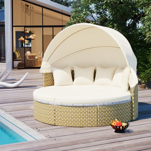 Ensemble de canapés d'extérieur ronds sectionnels TOPMAX Patio Furniture, lit de repos en rotin, bain de soleil tissé bicolore - LUXARAH