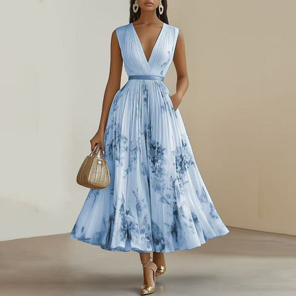 Robe longue sans manches à imprimé floral et col en V profond avec poches - Robe de plage fluide à ourlet volanté - LUXARAH