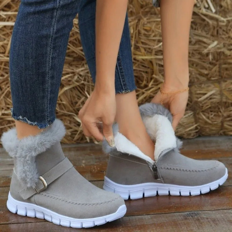 Nouvelles bottes de neige d'hiver, chaudes et épaisses, bottines en peluche de couleur unie avec boucle et chaussures plates en velours pour femmes - LUXARAH