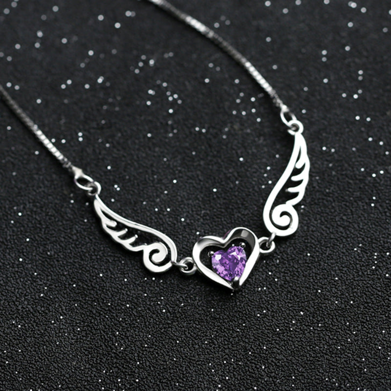 Collier ailes d'ange en argent pur 925, bijoux romantiques en cristal violet, colliers en forme de cœur pour femmes