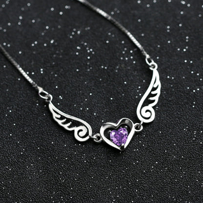 Collier ailes d'ange en argent pur 925, bijoux romantiques en cristal violet, colliers en forme de cœur pour femmes