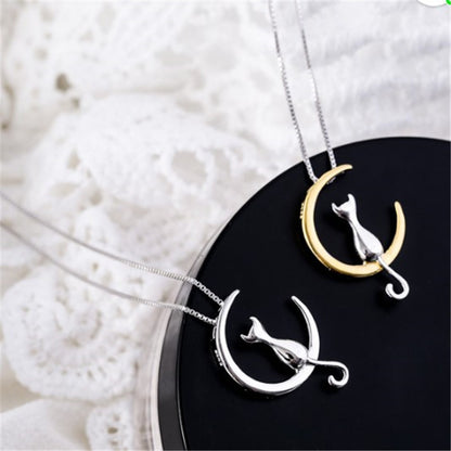 Women's Trendy Round White Link Necklaces with Big Moon and Cat Cubic Zirconia Pendant, Perfect Gift for Women and Girls