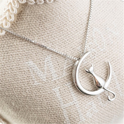 Women's Trendy Round White Link Necklaces with Big Moon and Cat Cubic Zirconia Pendant, Perfect Gift for Women and Girls