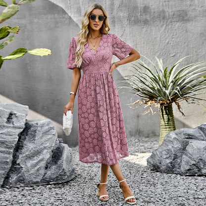 Robe longue en dentelle à col en V, élégante et élégante, à manches courtes, pour l'été - LUXARAH