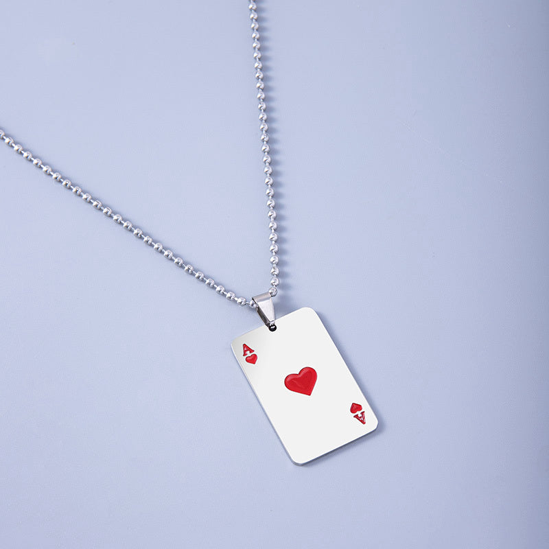Hip Hop Ace of Hearts Poker Cards Stainless Steel Pendant Necklaces for Women Men