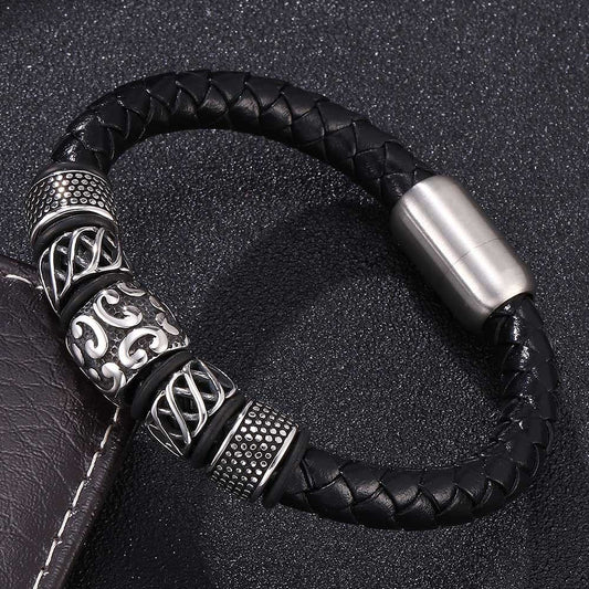 Bracelet en cuir véritable et acier inoxydable tissé