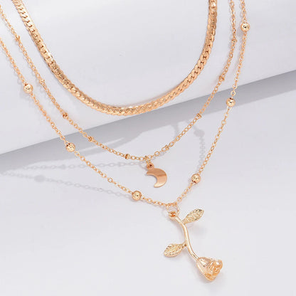 Colliers bohèmes multicouches avec pendentif lune doré pour femmes, collier ras du cou en forme de rose, bijoux tendance, cadeau de fête, Saint-Valentin
