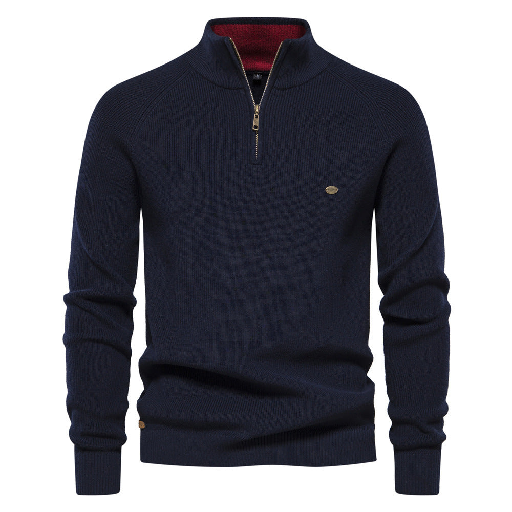 Pull tricoté à col montant et fermeture éclair pour homme, coupe slim, couleur unie, manches longues, demi-col roulé