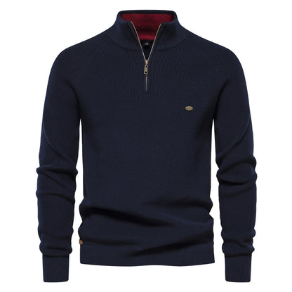 Pull tricoté à col montant et fermeture éclair pour homme, coupe slim, couleur unie, manches longues, demi-col roulé