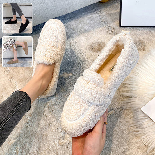 Mocassins plats en peluche pour femme, chaussures tendance et chaudes à pois, collection hiver