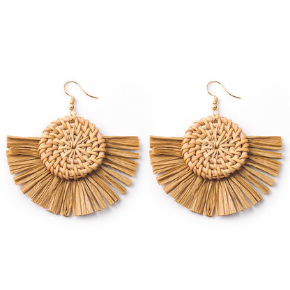 Boucles d'oreilles géométriques en raphia et rotin tissées à la main, style vintage pour femmes - LUXARAH