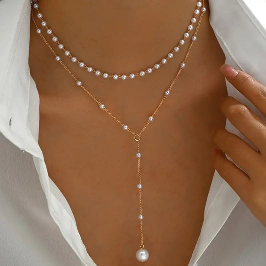 Collier double couche de perles jumelles