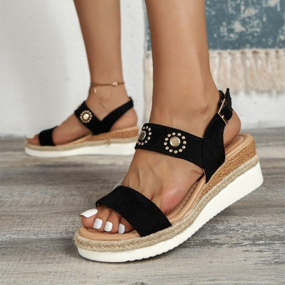 Sandales compensées grande taille en corde de chanvre avec boucle pour la plage