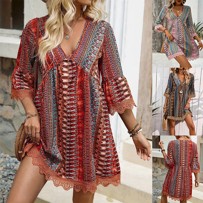 Robe imprimée style bohème à col en V, tenue de plage décontractée et ample - LUXARAH