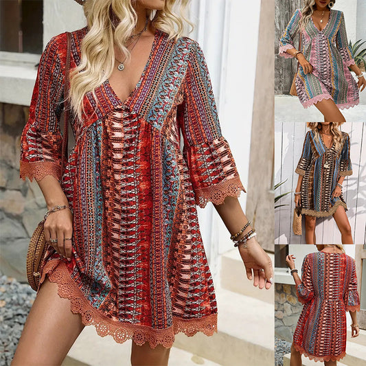 Robe imprimée style bohème à col en V, tenue de plage décontractée et ample - LUXARAH