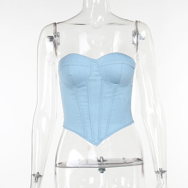 Débardeur tube en jean Y2K avec design noué dans le dos, débardeur corset court tendance pour femmes