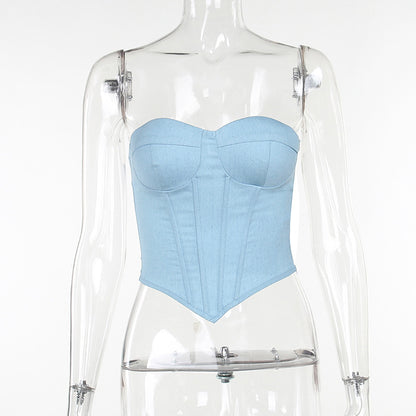 Débardeur tube en jean Y2K avec design noué dans le dos, débardeur corset court tendance pour femmes