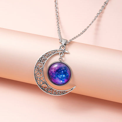 Silver Hollow Moon Galaxy Glass Pendant Necklace for Women
