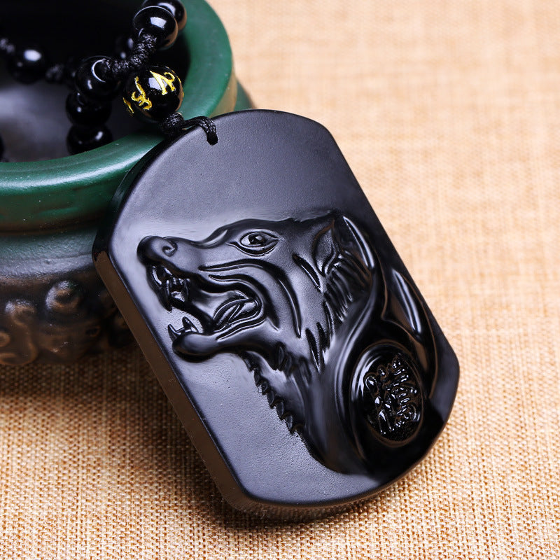 Collier Homme et Femme - Pierre Obsidienne Noire Naturelle - Le Loup - LUXARAH