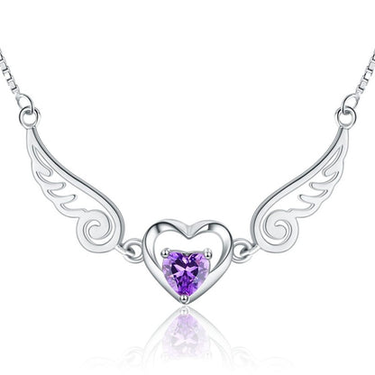 Collier ailes d'ange en argent pur 925, bijoux romantiques en cristal violet, colliers en forme de cœur pour femmes