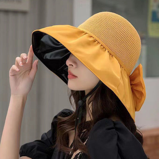 Chapeau de soleil d'été en paille à large bord et grand nœud, chapeau de pêcheur anti-UV, pare-soleil d'extérieur et chapeau de protection du visage